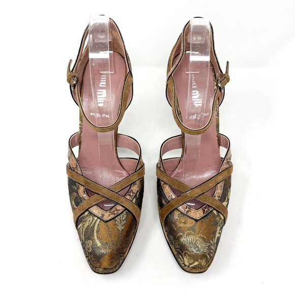 Miu Miu Fall 2004 Runway Heels 38.5 Bronze Brocade Vintage Archive Platform - Picture 3 of 10